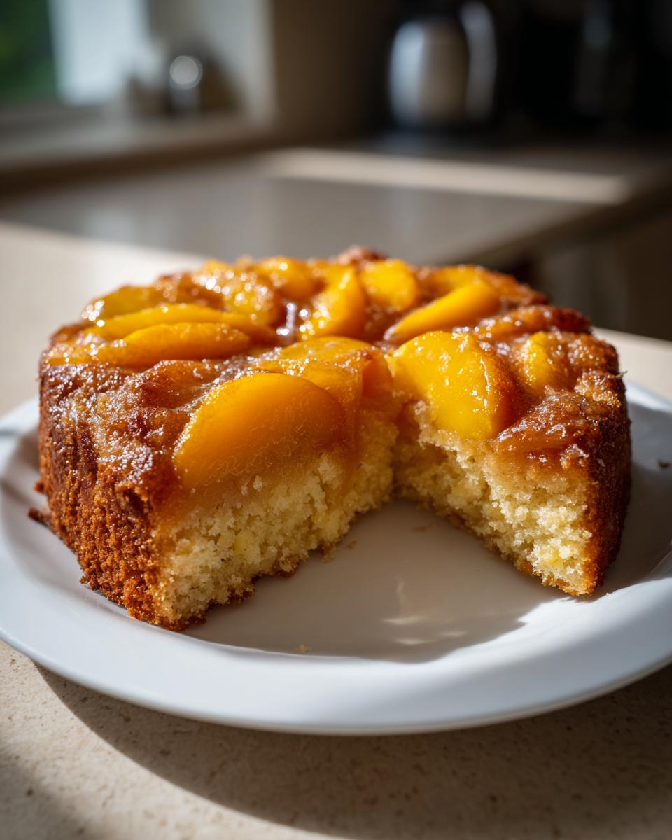 A golden Peach Cobbler Cake with caramelized peach slices on top, sitting on a white plate with one slice removed.