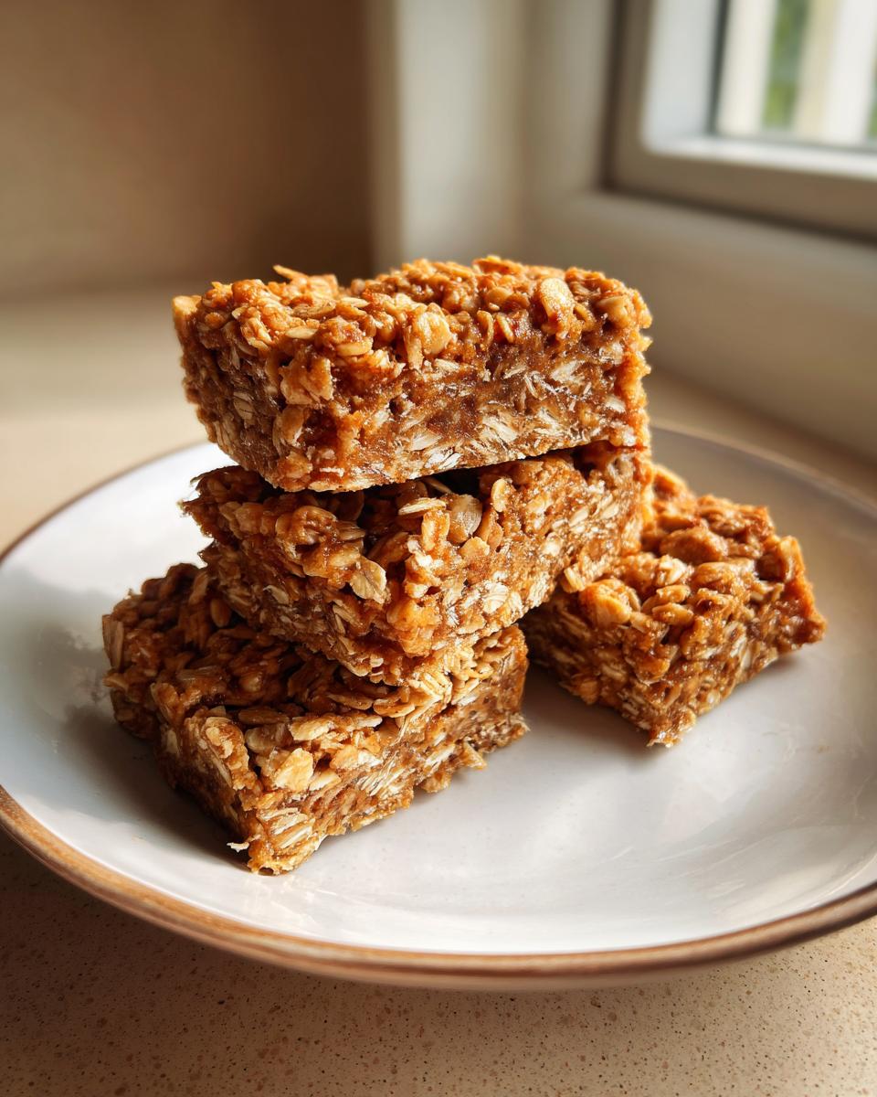 A stack of four chewy Peanut Butter Banana Oat Bars made with visible rolled oats, resting on a white plate.