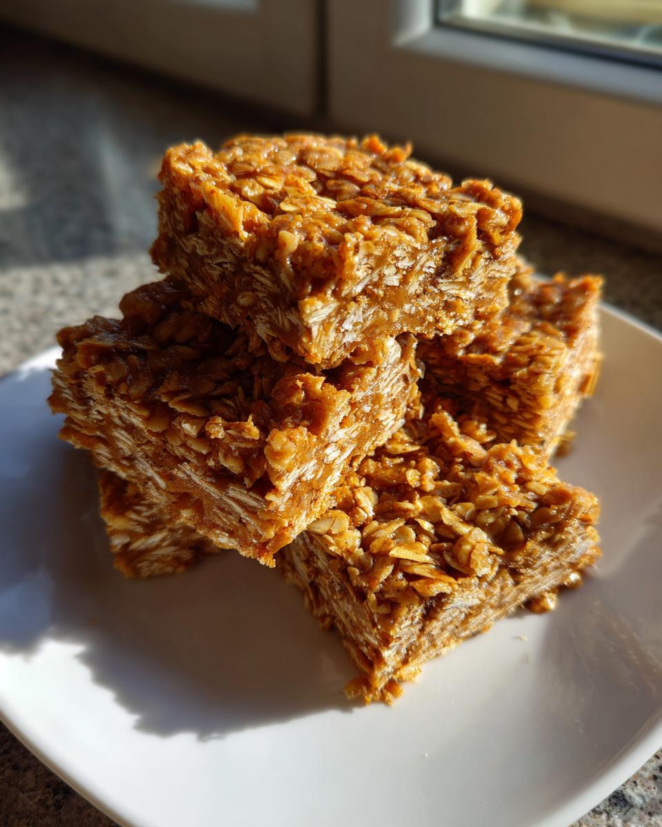 A stack of four chewy Peanut Butter Banana Oat Bars showing visible rolled oats texture on a white plate.