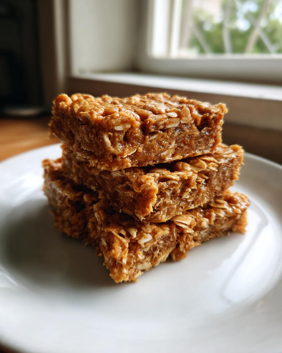 A stack of three chewy Peanut Butter Banana Oat Bars resting on a white plate near a window.