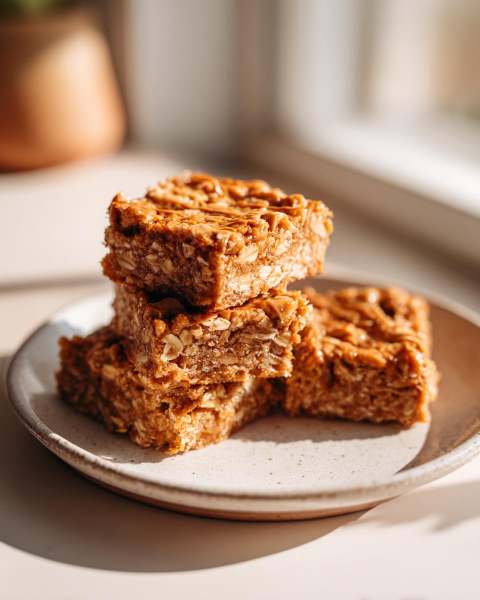 A stack of three chewy Peanut Butter Banana Oat Bars, rich brown in color, resting on a speckled ceramic plate.