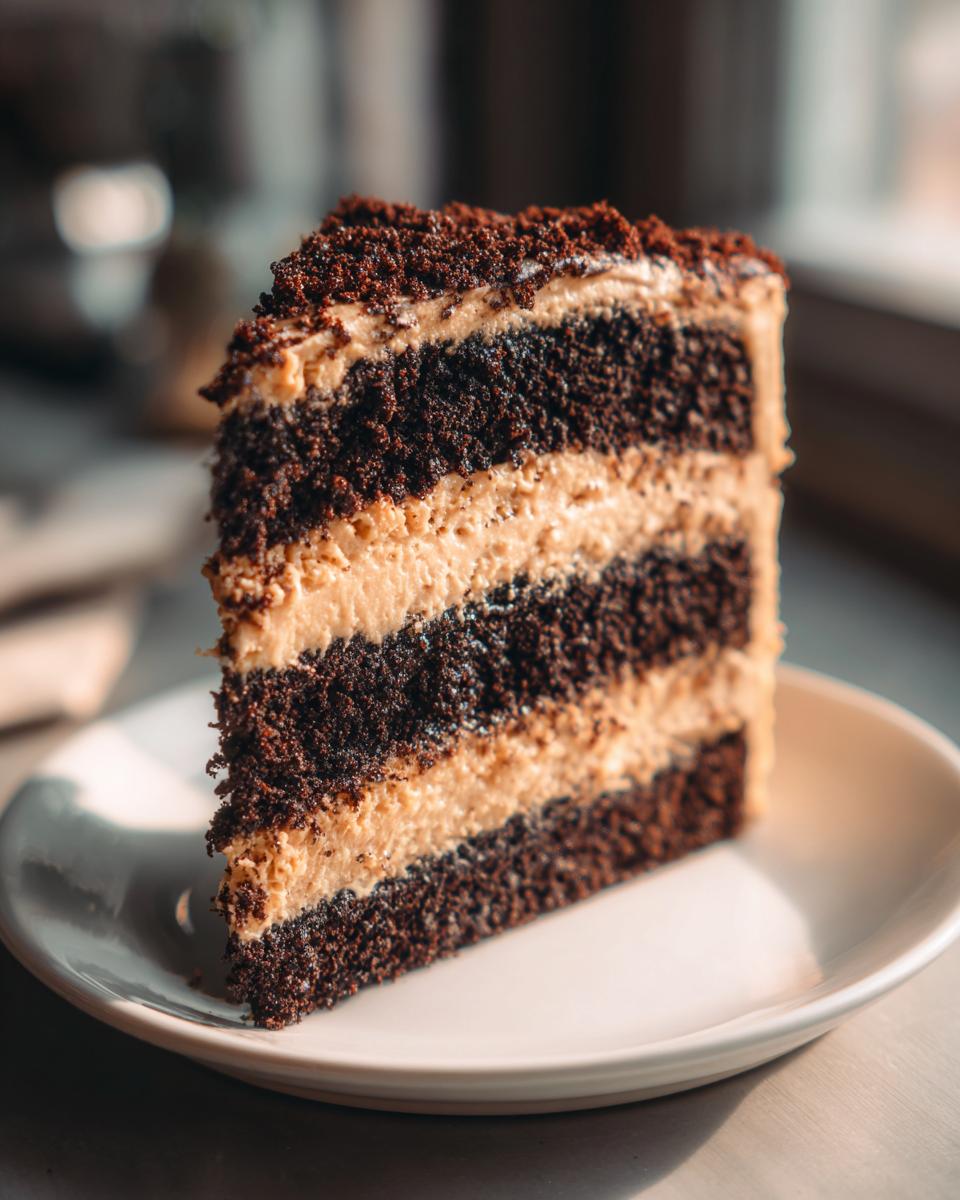 A tall slice of decadent Peanut Butter Chocolate Cake showing alternating dark chocolate layers and thick peanut butter frosting.