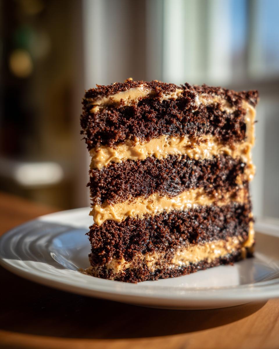 A tall slice of rich Peanut Butter Chocolate Cake showing three layers of dark chocolate cake and peanut butter frosting.