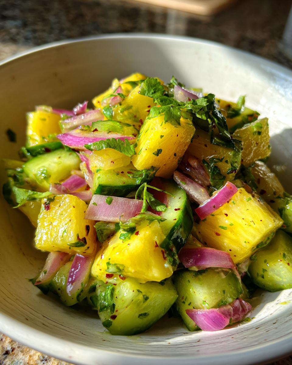 Close-up of a refreshing Pineapple Cucumber Salad with chunks of yellow pineapple, green cucumber, and red onion.