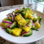 Close-up of vibrant Pineapple Cucumber Salad chunks tossed with red onion and cilantro on a white plate.