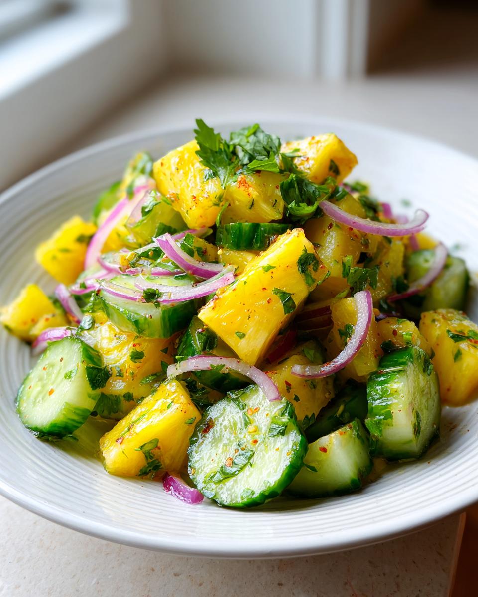Close-up of a refreshing Pineapple Cucumber Salad with red onion slices and cilantro garnish.