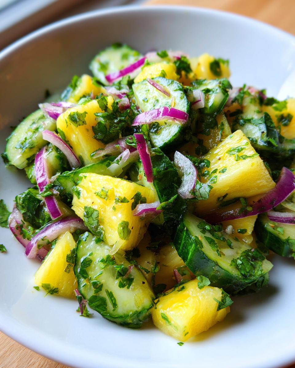 Close-up of vibrant Pineapple Cucumber Salad featuring chunks of pineapple, sliced cucumber, red onion, and fresh cilantro.