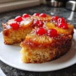 A slice of moist Pineapple Upside Down Cake topped with caramelized pineapple rings and bright red maraschino cherries.
