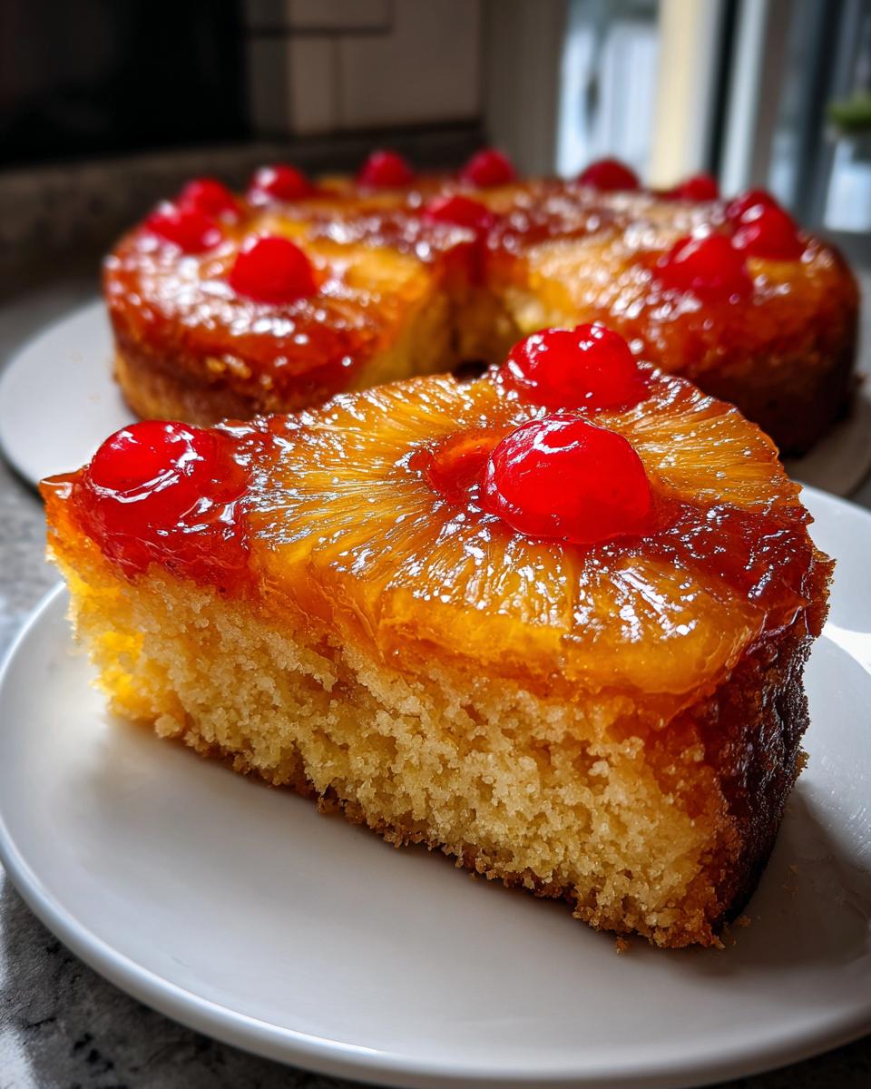 A close-up slice of moist Pineapple Upside Down Cake topped with caramelized pineapple and a maraschino cherry.