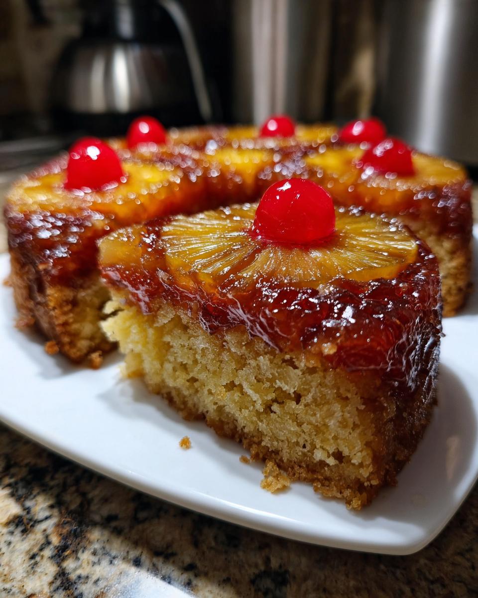 A close-up of a slice of moist Pineapple Upside Down Cake topped with caramelized pineapple and a maraschino cherry.
