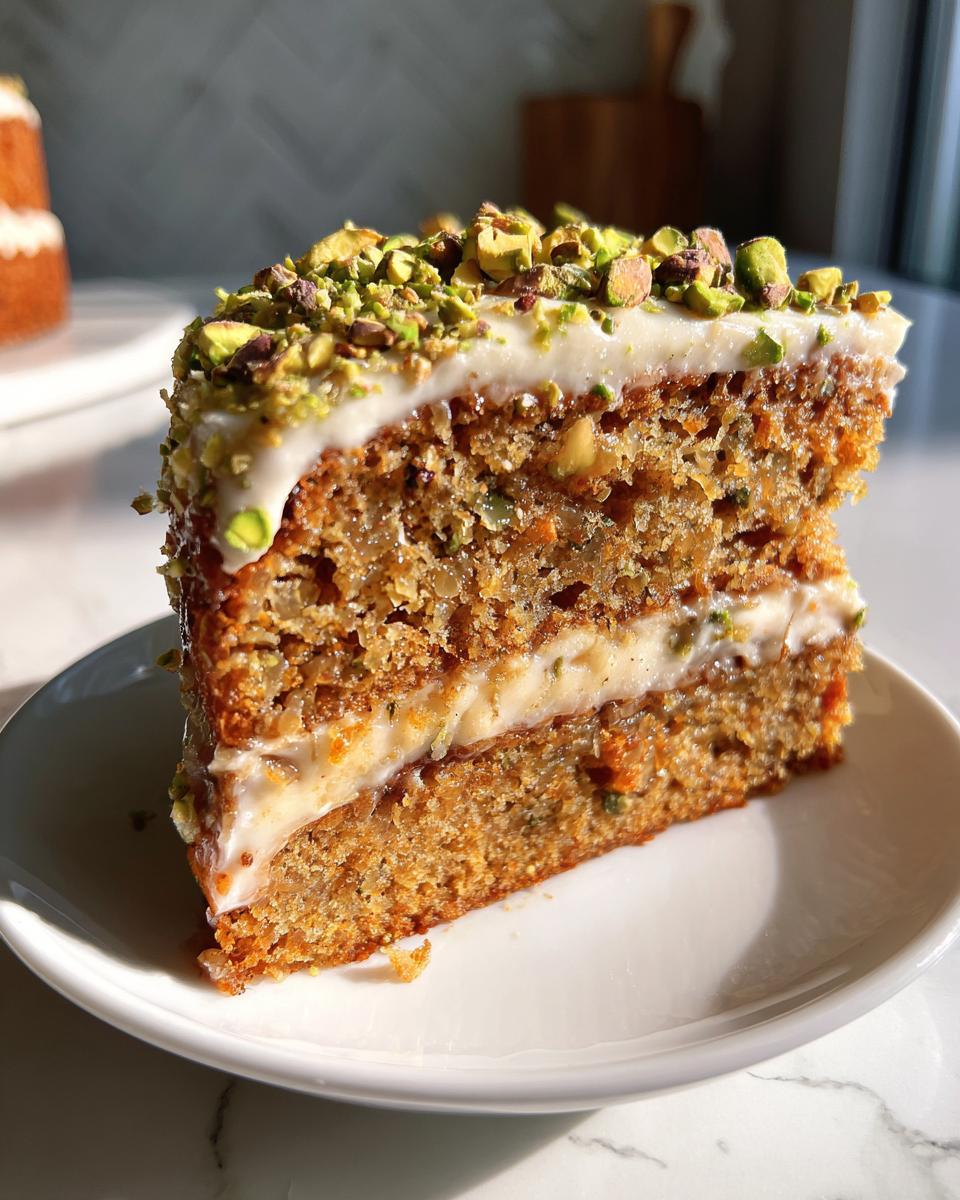 Close-up of a moist layer cake slice, topped with white frosting and chopped pistachios, resembling a Baklava Layer Cake.