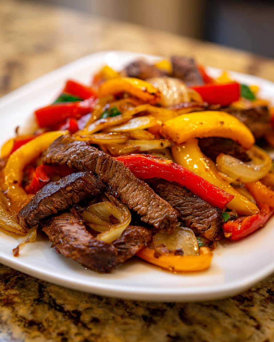 Close-up of juicy sliced steak mixed with colorful bell peppers and onions, ready to eat Sheet Pan Steak Fajitas.