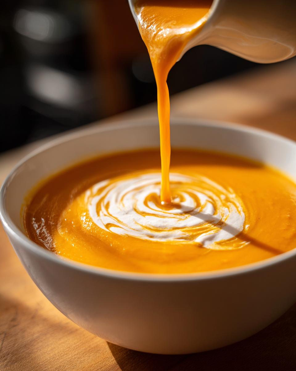 Close-up of rich orange Butternut Squash Soup being finished with a swirl of cream.