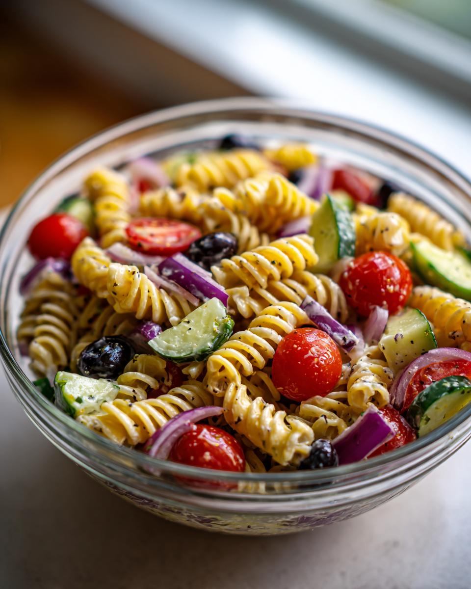 Close-up of a glass bowl filled with Quick And Easy Cold Pasta Salad featuring rotini pasta, cherry tomatoes, cucumber, and red onion.
