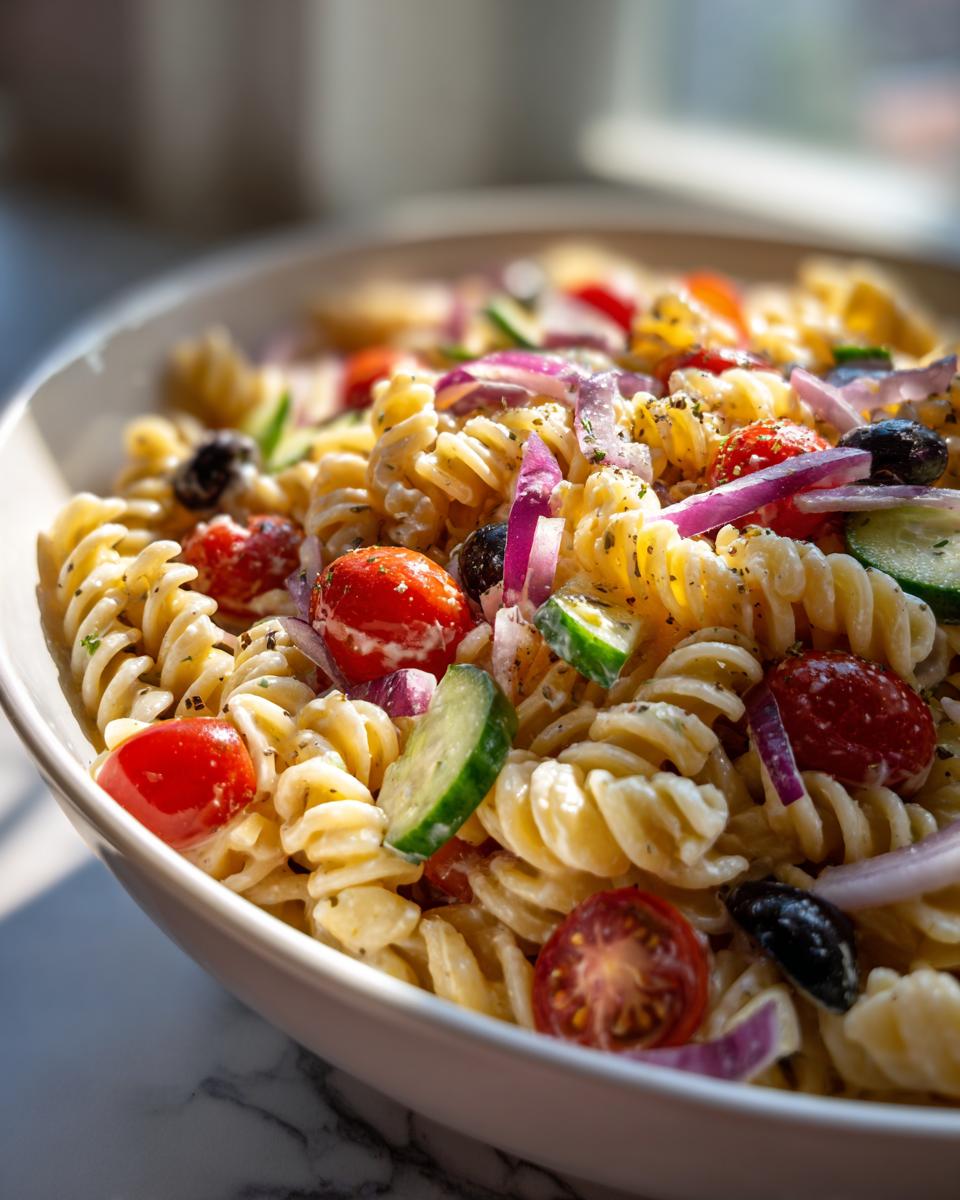 A close-up of Quick And Easy Cold Pasta Salad featuring rotini pasta, cherry tomatoes, cucumbers, red onion, and olives.