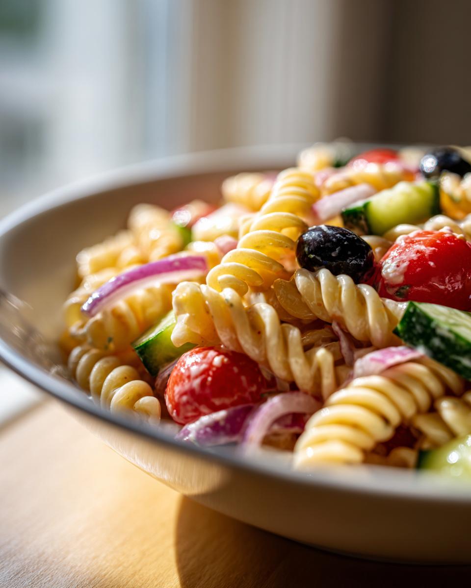 Close-up of a bowl filled with Quick And Easy Cold Pasta Salad featuring rotini pasta, cherry tomatoes, cucumber, and black olives.
