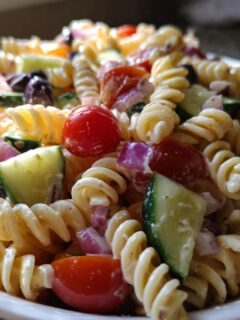 A close-up of a bowl filled with Quick And Easy Cold Pasta Salad featuring rotini pasta, cherry tomatoes, cucumbers, and red onion.