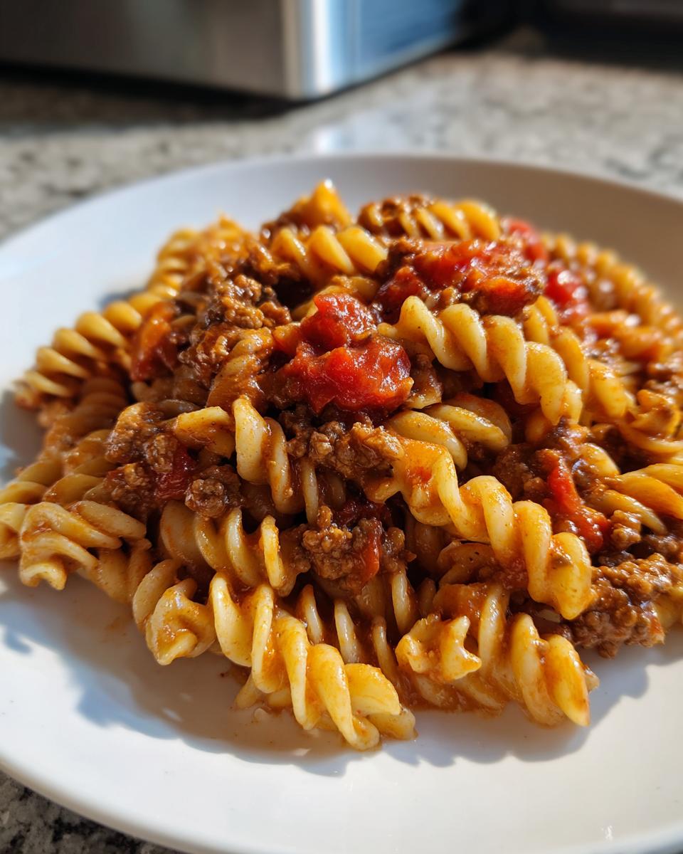 Close-up of fusilli pasta coated in a rich, creamy beef and tomato sauce, representing Quick And Easy Creamy Beef Pasta.