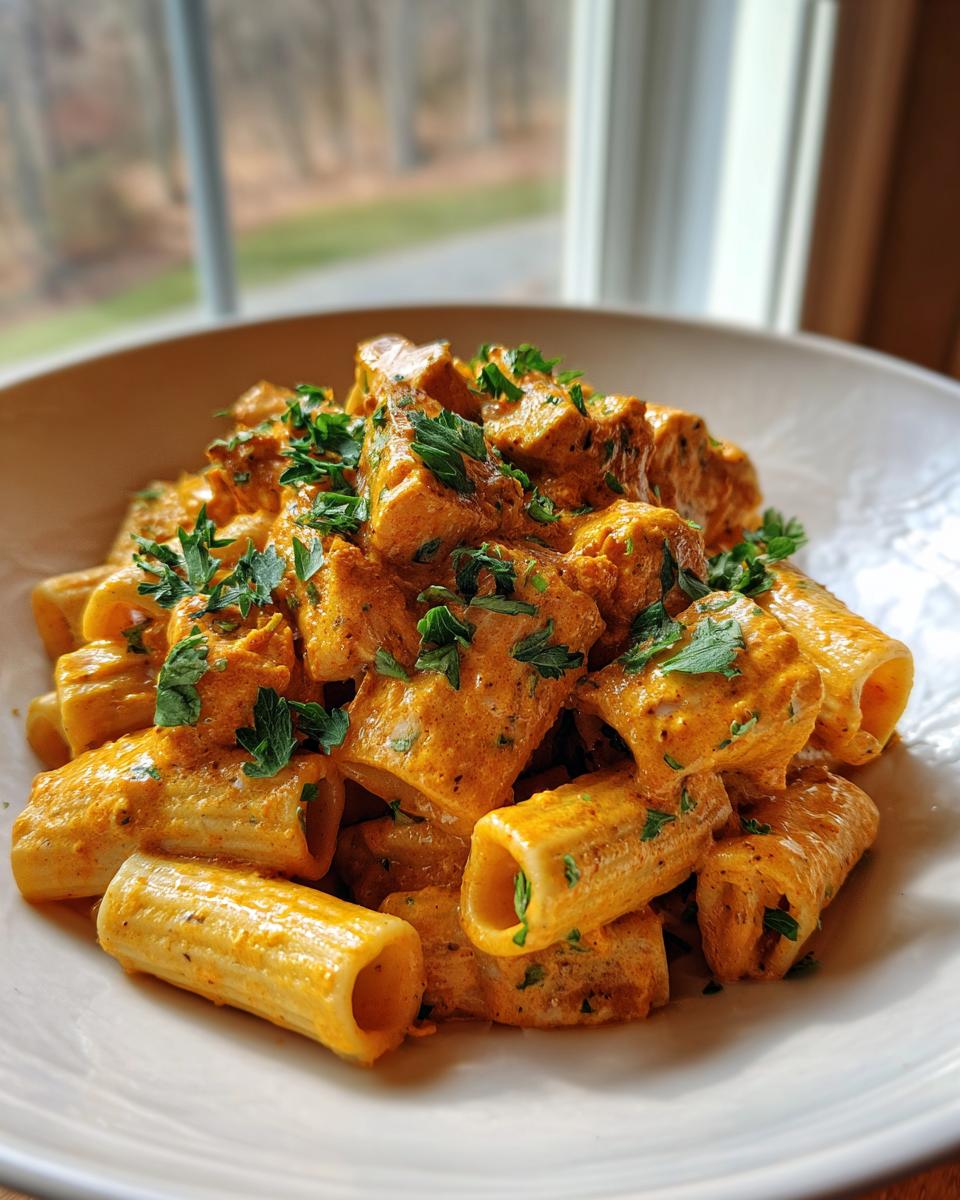 A bowl of Quick Cowboy Butter Chicken Pasta featuring rigatoni coated in a creamy orange sauce with chicken pieces and fresh parsley.