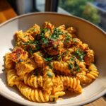 A bowl filled with Quick Cowboy Butter Chicken Pasta featuring fusilli noodles coated in a creamy orange sauce with chicken pieces and fresh parsley.
