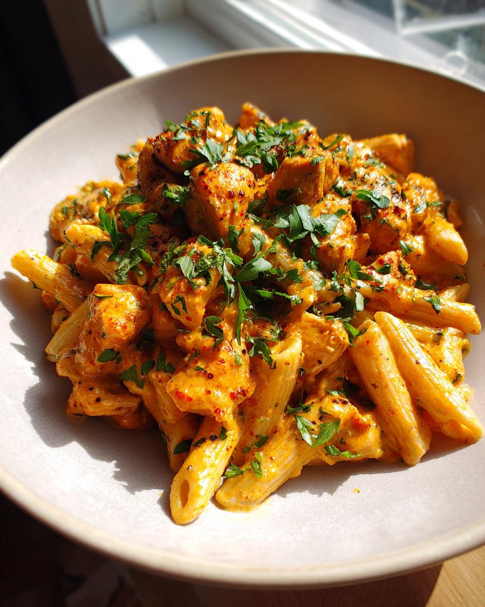 Close-up of Quick Cowboy Butter Chicken Pasta featuring creamy orange sauce, chicken pieces, and fresh parsley garnish.
