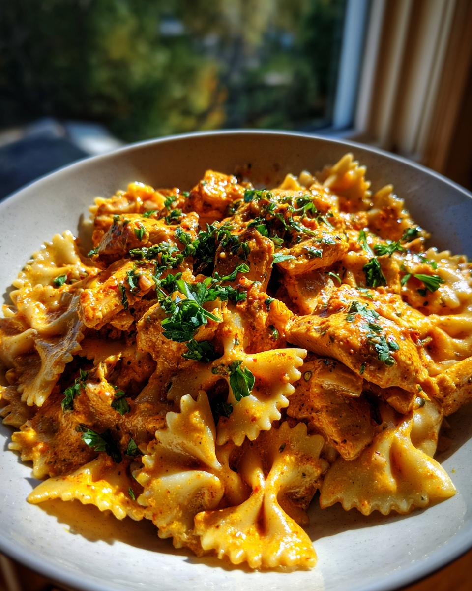 A close-up of Quick Cowboy Butter Chicken Pasta featuring bowtie pasta coated in a creamy orange sauce with chicken pieces, topped with fresh parsley.