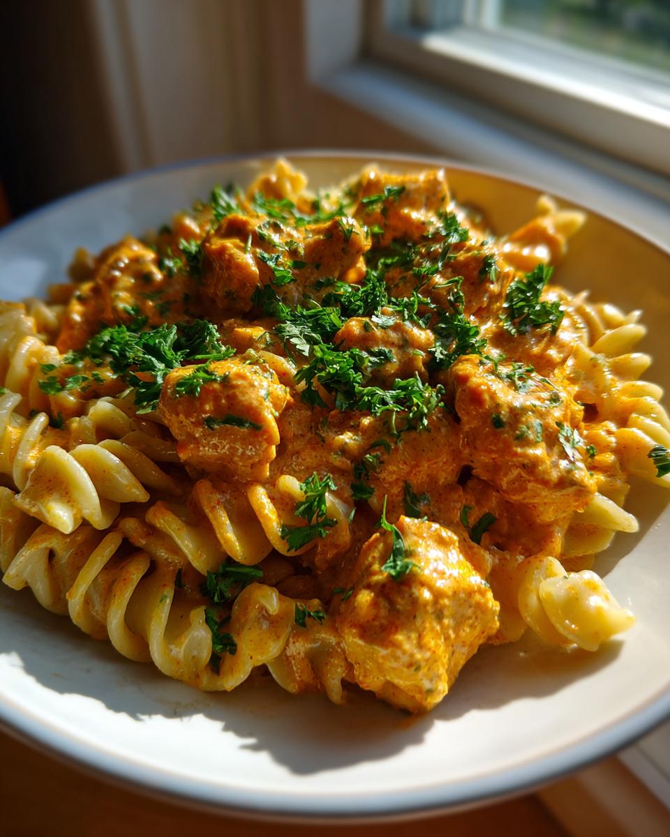 A close-up of Quick Cowboy Butter Chicken Pasta with fusilli noodles coated in creamy orange sauce and topped with fresh parsley.