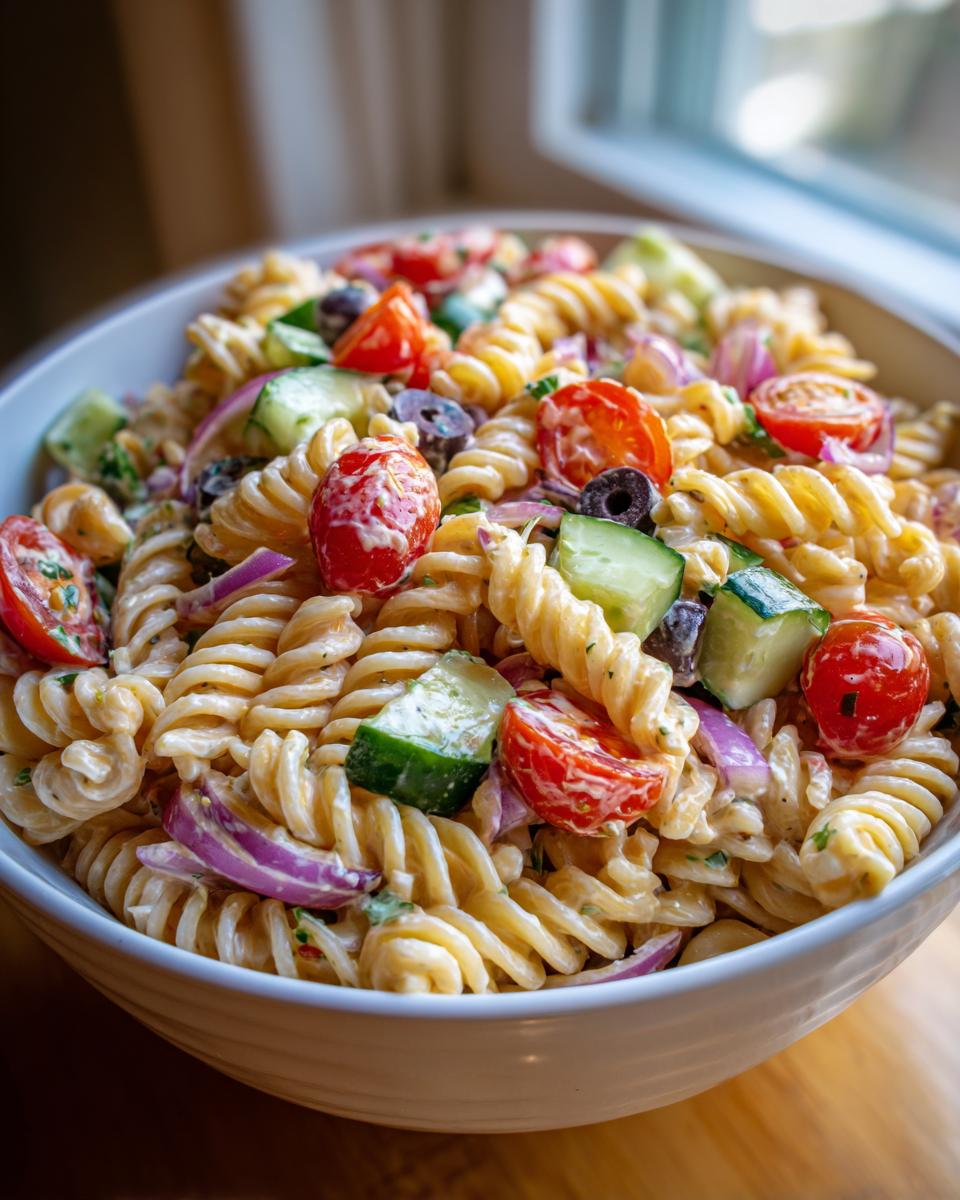 A close-up of Quick And Easy Cold Pasta Salad featuring rotini pasta, cherry tomatoes, cucumber, and red onion in a creamy dressing.