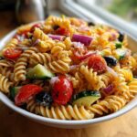 Close-up of a bowl filled with Quick And Easy Cold Pasta Salad featuring rotini, tomatoes, cucumbers, and olives.