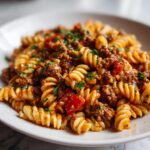 Close-up of Quick And Easy Creamy Beef Pasta featuring fusilli noodles coated in a rich sauce with ground beef and tomatoes.