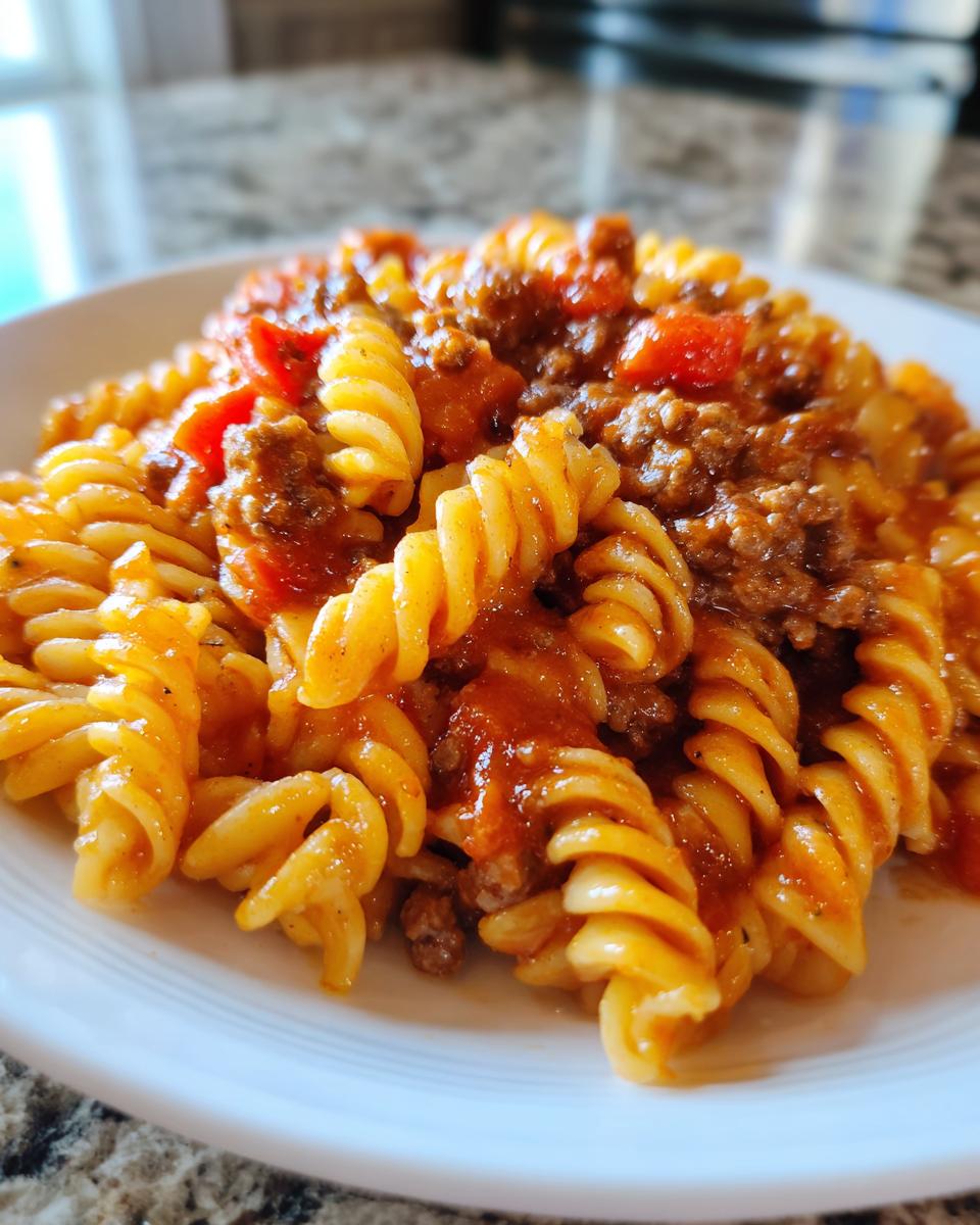 Close-up of a white plate holding a serving of Quick And Easy Creamy Beef Pasta with fusilli noodles and rich meat sauce.