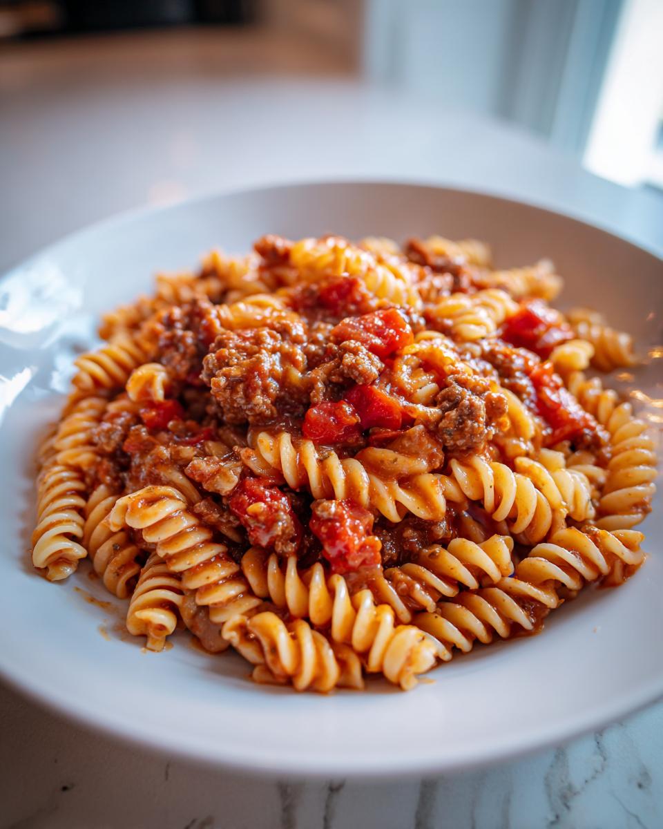 Close-up of Quick And Easy Creamy Beef Pasta featuring rotini noodles coated in a rich meat sauce with diced tomatoes.