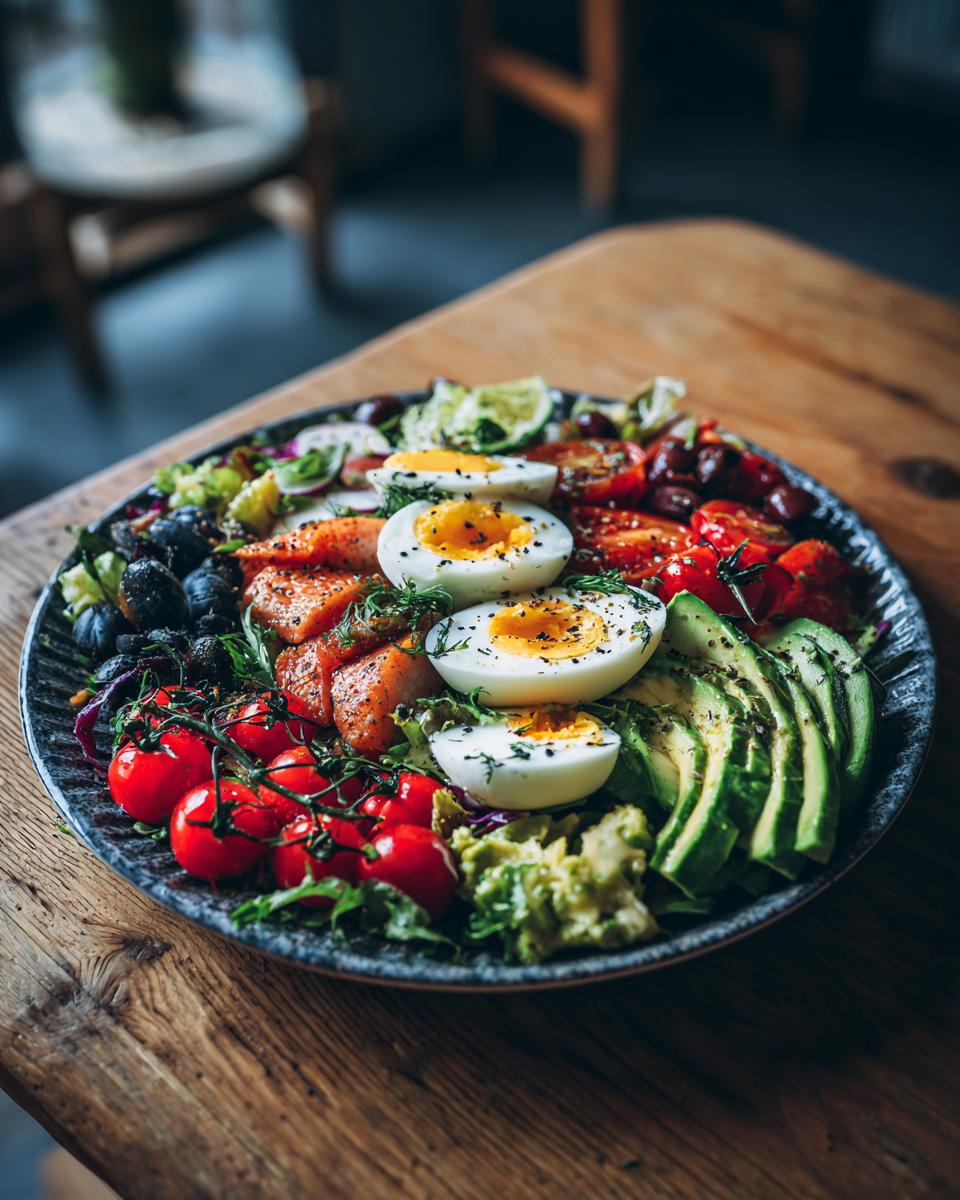 A vibrant, healthy lunch bowl featuring salmon, sliced hard-boiled eggs, avocado, and cherry tomatoes, perfect for quick easy and delicious meals.