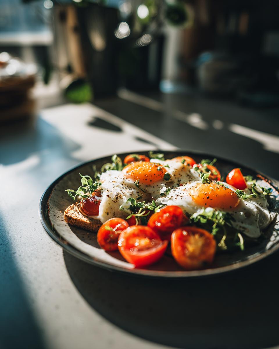 A plate featuring quick fried eggs on toast with cherry tomatoes and microgreens, perfect for simple lunch ideas.