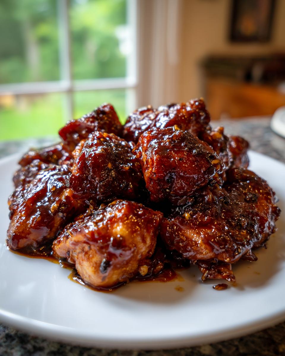 Close-up of bite-sized pieces of Quick Honey Garlic Chicken coated in a thick, dark, glossy sauce on a white plate.