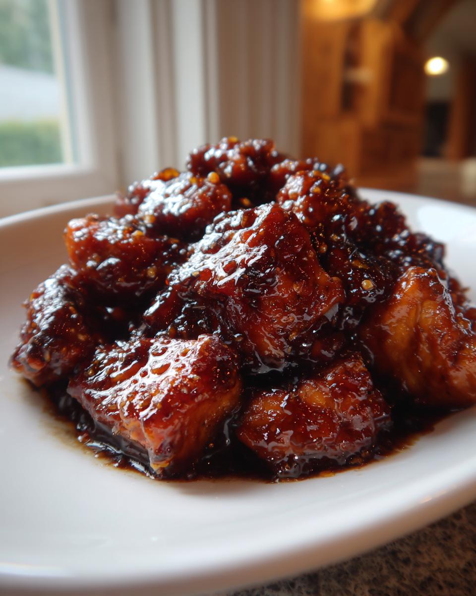 Close-up of tender chicken pieces coated in a thick, glossy, dark honey garlic sauce, ready to serve.