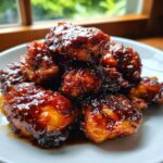 Close-up of several pieces of Quick Honey Garlic Chicken coated in a thick, dark, glossy sauce.