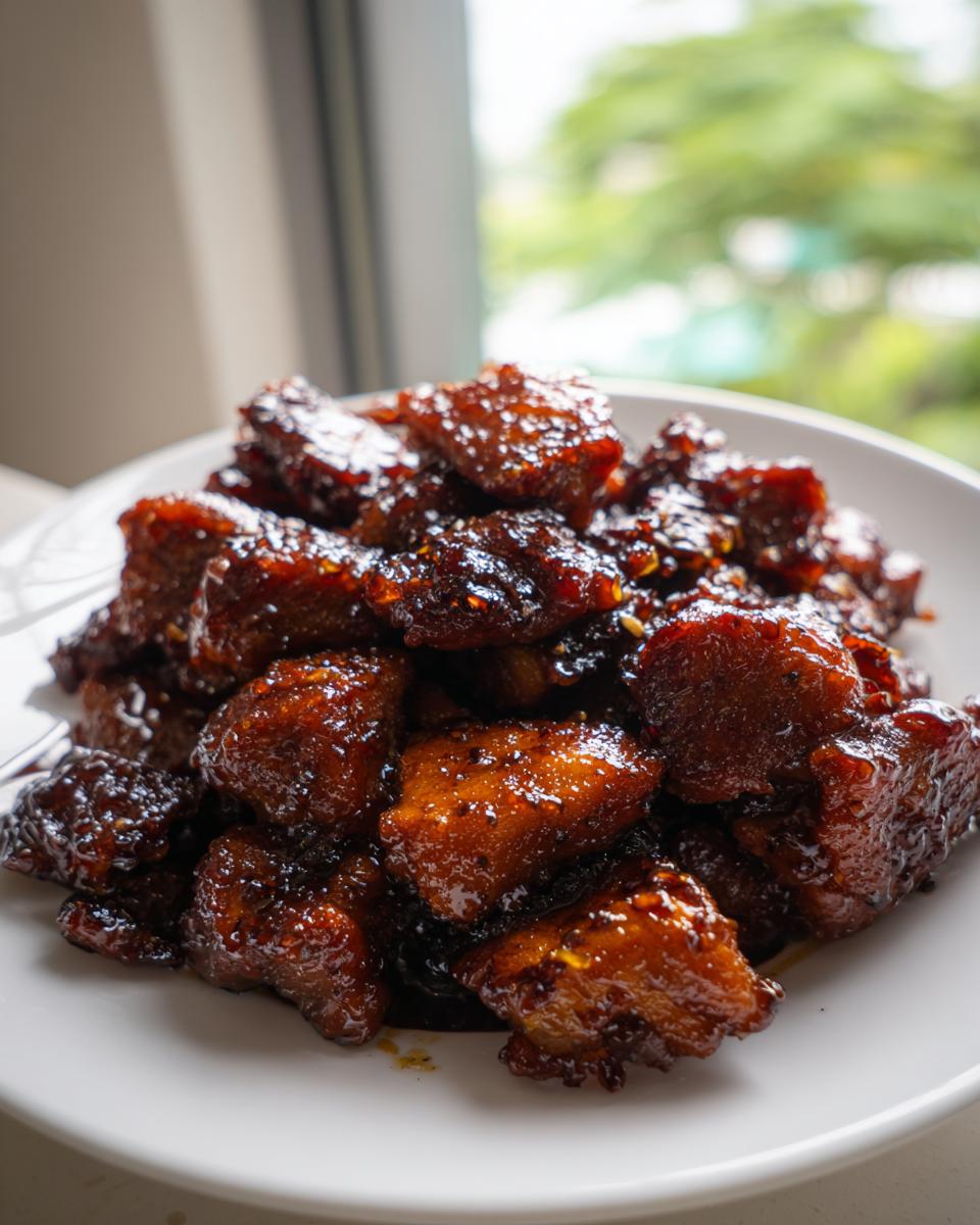 Close-up of glossy, dark glazed pieces of Quick Honey Garlic Chicken piled on a white plate.
