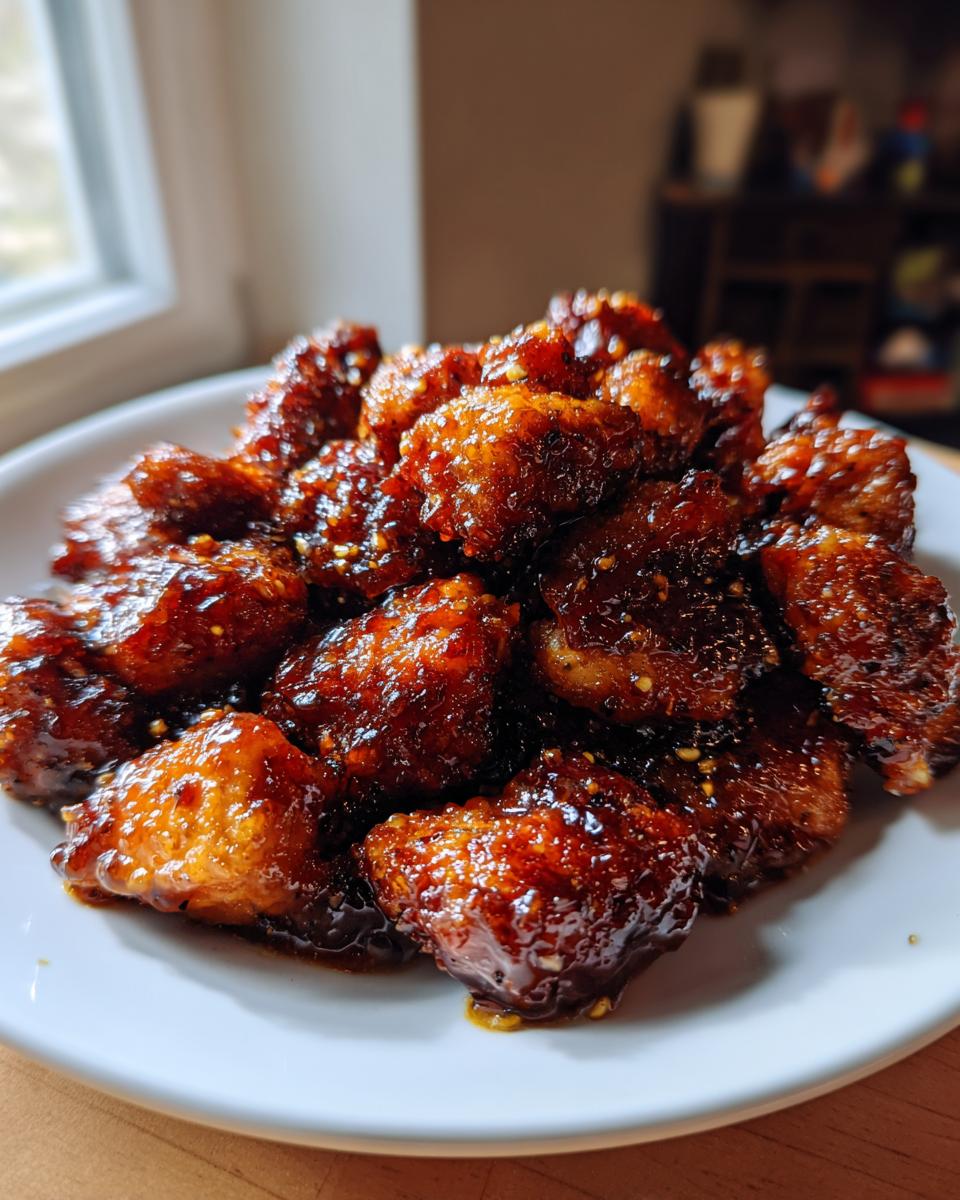 Close-up of crispy chicken pieces coated in a thick, glossy sauce, representing Quick Honey Garlic Chicken.