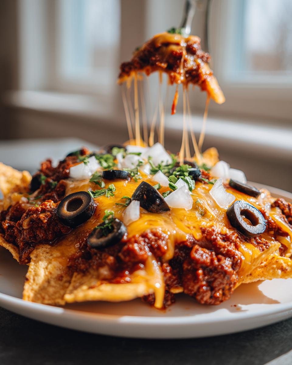 A fork lifts a chip loaded with chili and melted cheese from a plate of Quick Leftover Chili Nachos, showing long cheese pulls.