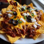 A hand pulls a chip loaded with chili, melted cheese, olives, and onions from a plate of Quick Leftover Chili Nachos.