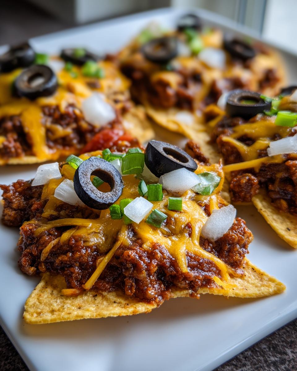 Close-up of Quick Leftover Chili Nachos topped with melted cheddar, black olives, onions, and green onions.