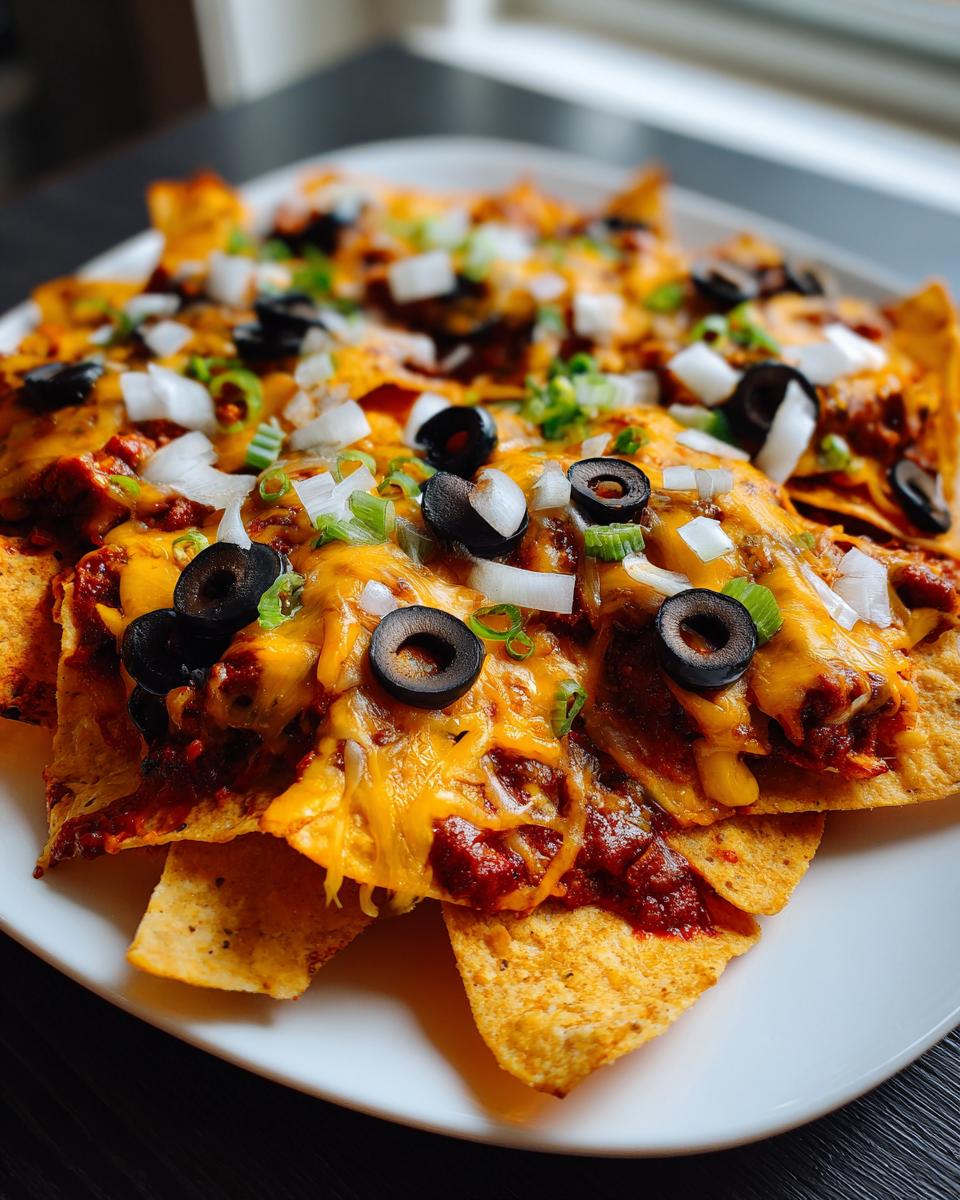 Close-up of Quick Leftover Chili Nachos topped with melted cheddar cheese, black olives, and diced white onions.