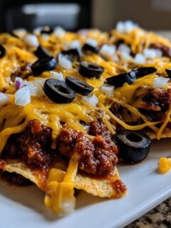 Close-up of Quick Leftover Chili Nachos topped with melted cheddar, black olives, and diced white onion.