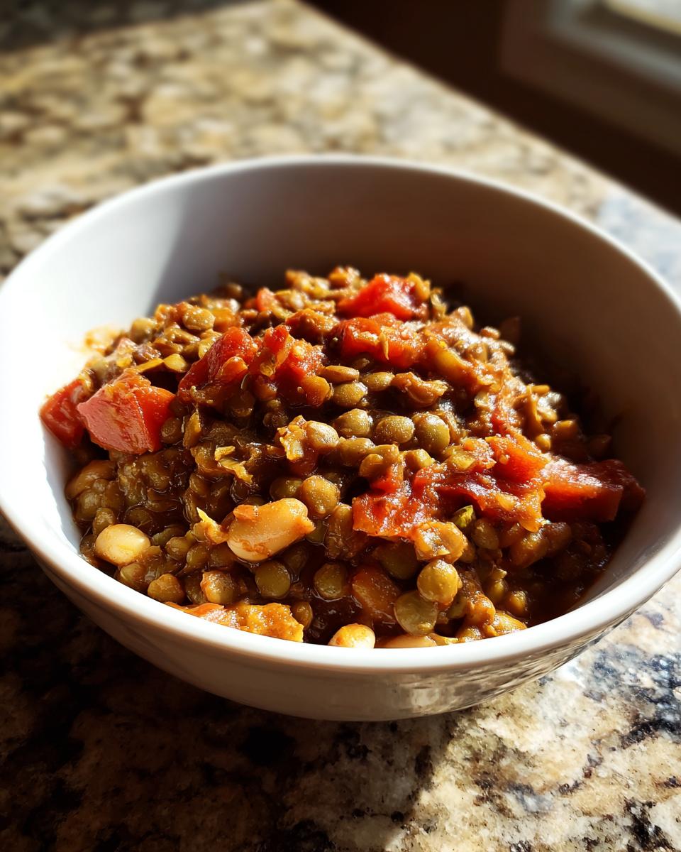 Close-up of a white bowl filled with hearty Quick Lentil Chili, featuring green lentils and chunks of tomato.