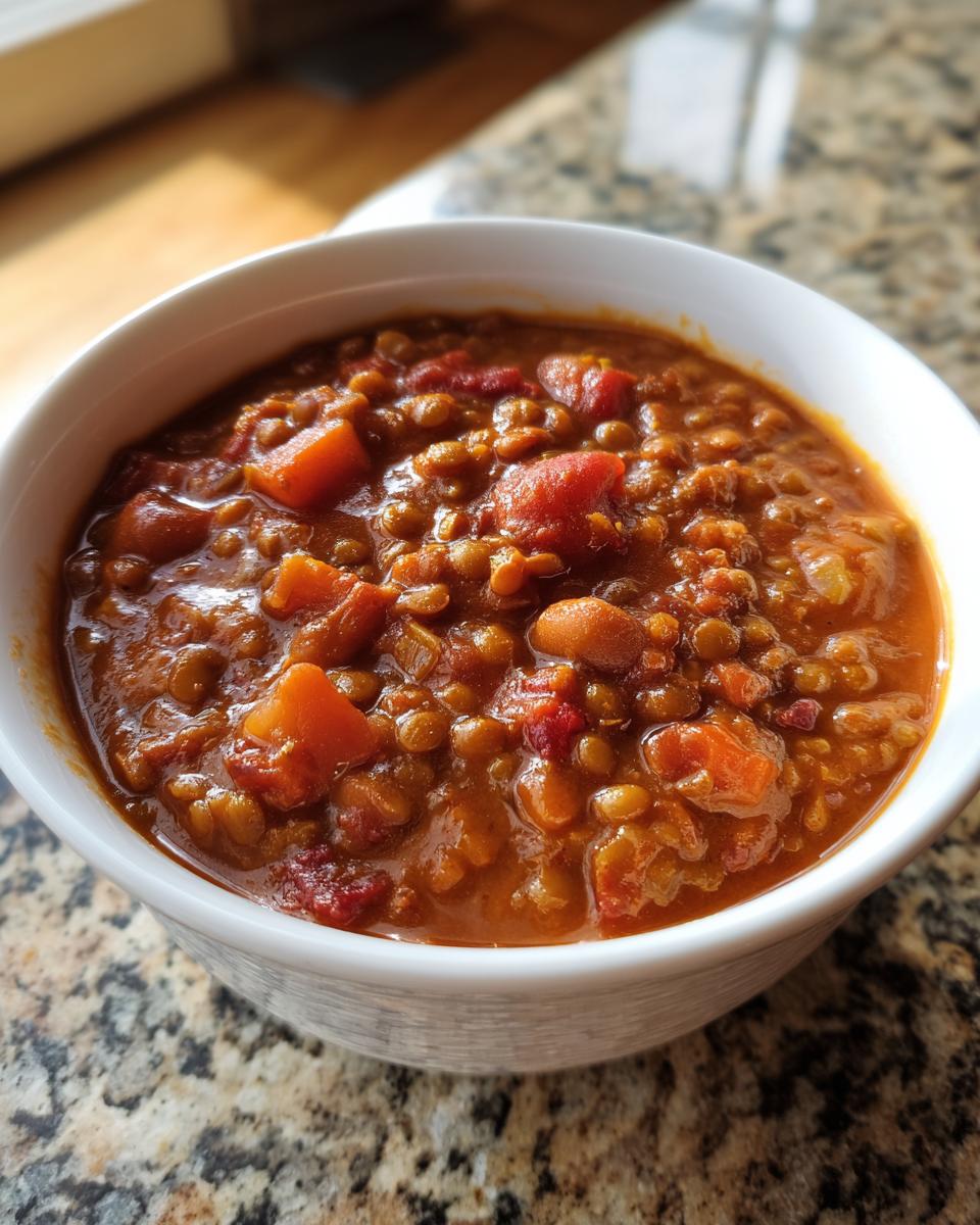 Close-up of a white bowl filled with hearty Quick Lentil Chili, showing lentils, diced tomatoes, and carrots.