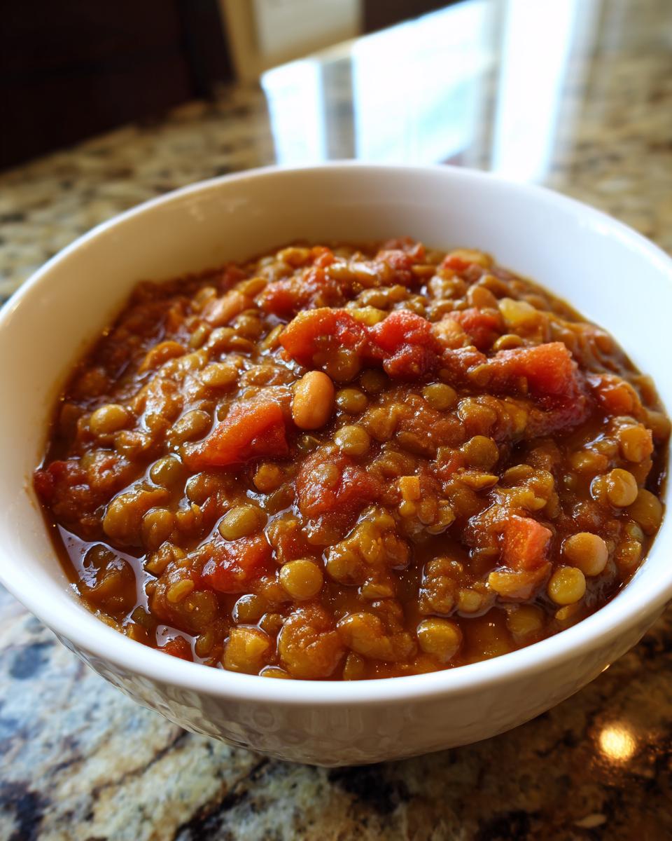 A close-up view of a white bowl filled with rich, thick Quick Lentil Chili featuring lentils and diced tomatoes.