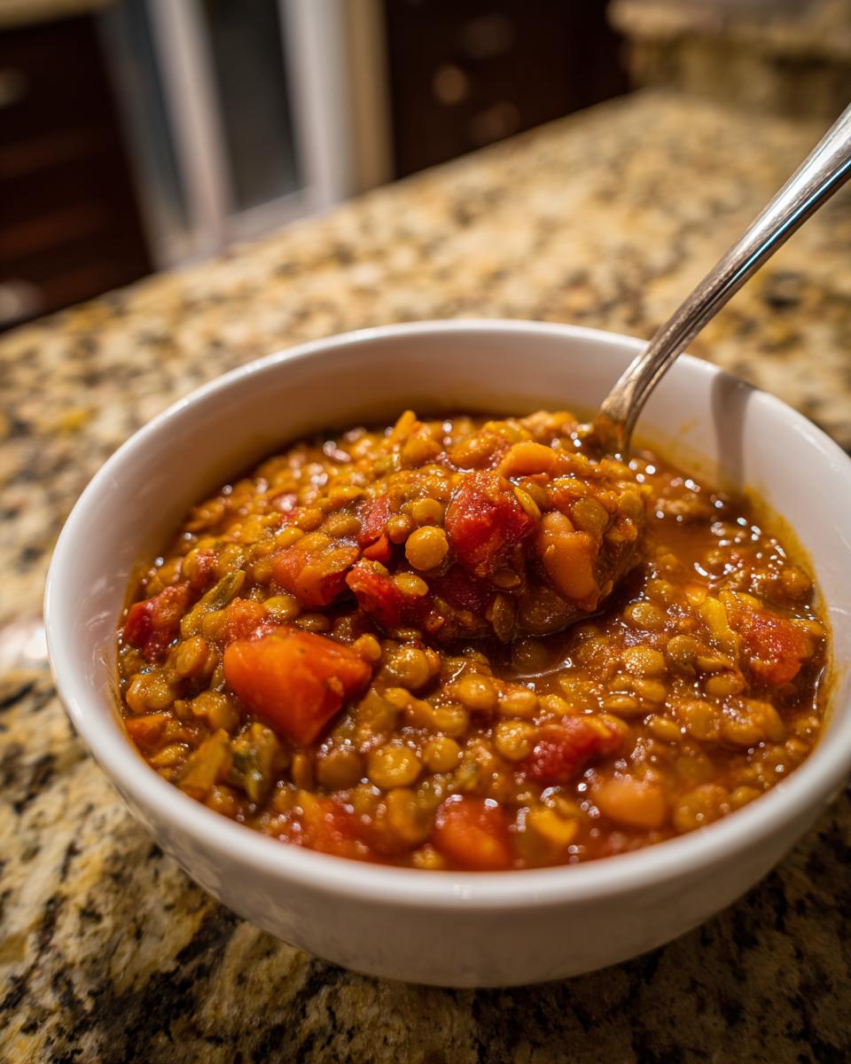 A spoonful of thick, hearty Quick Lentil Chili being lifted from a white bowl resting on a granite countertop.