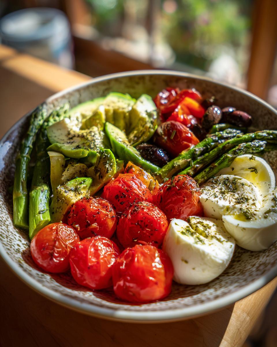 A vibrant bowl featuring roasted tomatoes, avocado, asparagus, mozzarella, and olives, perfect for Twenty One Simple Lunch Ideas Quick Easy And Delicious Meals.