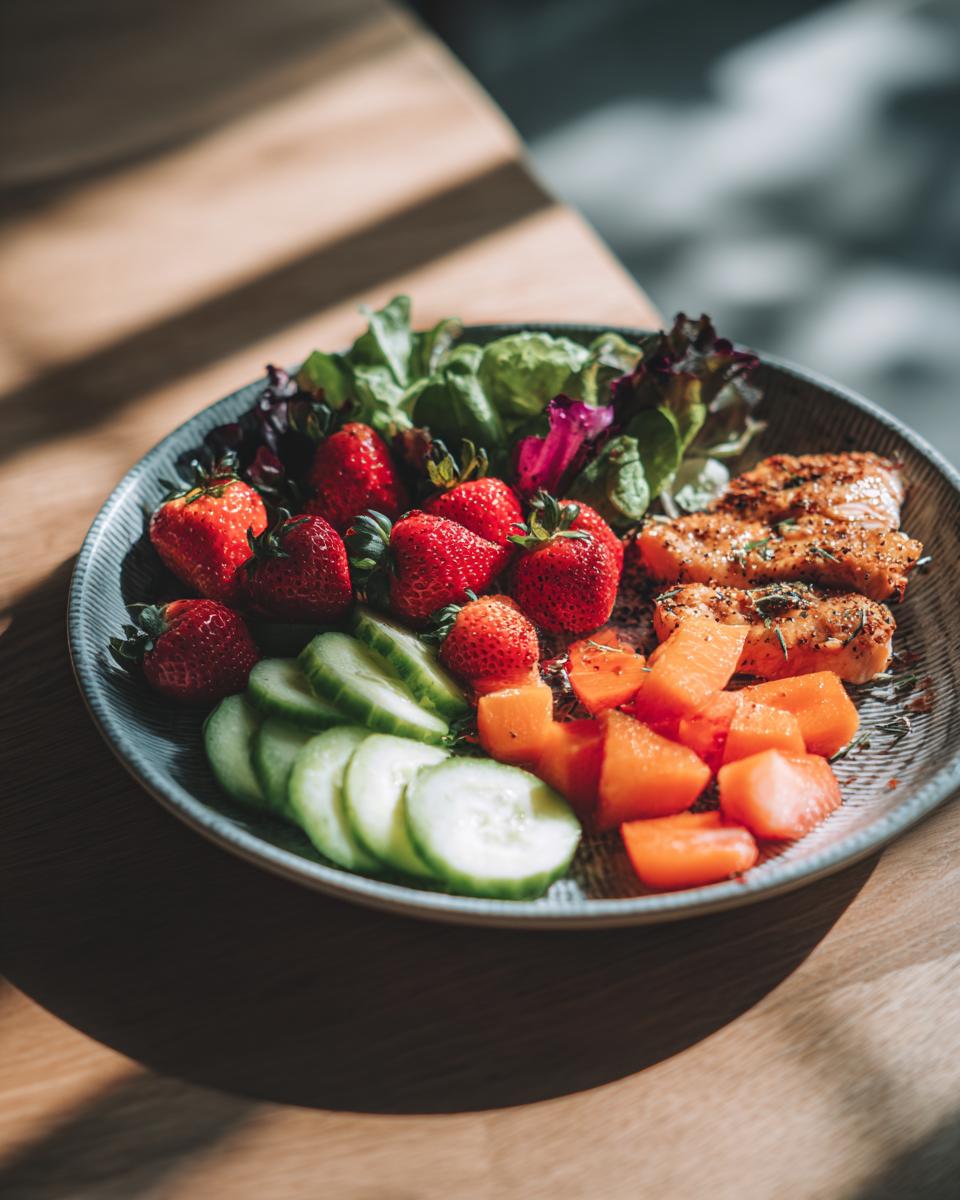 A vibrant, healthy lunch bowl featuring seasoned salmon, strawberries, cucumber slices, and diced orange fruit, perfect for quick easy and delicious meals.